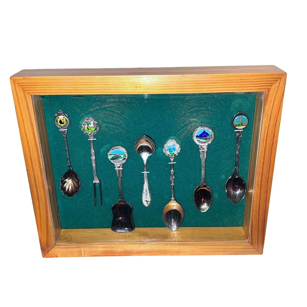 Collectible Vintage Set of 7 Silver-Plated Souvenir Spoons in Wooden Display Box